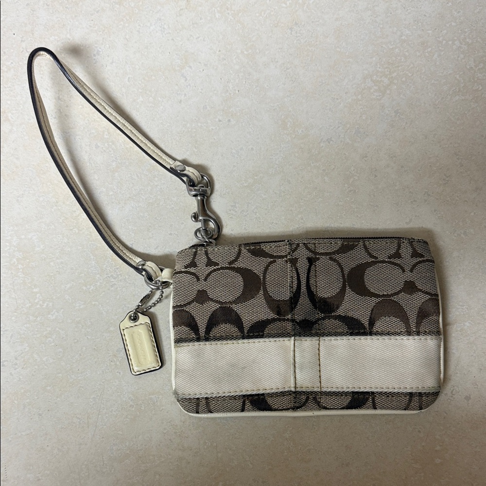 Coach Signature Brown and Cream Wristlet